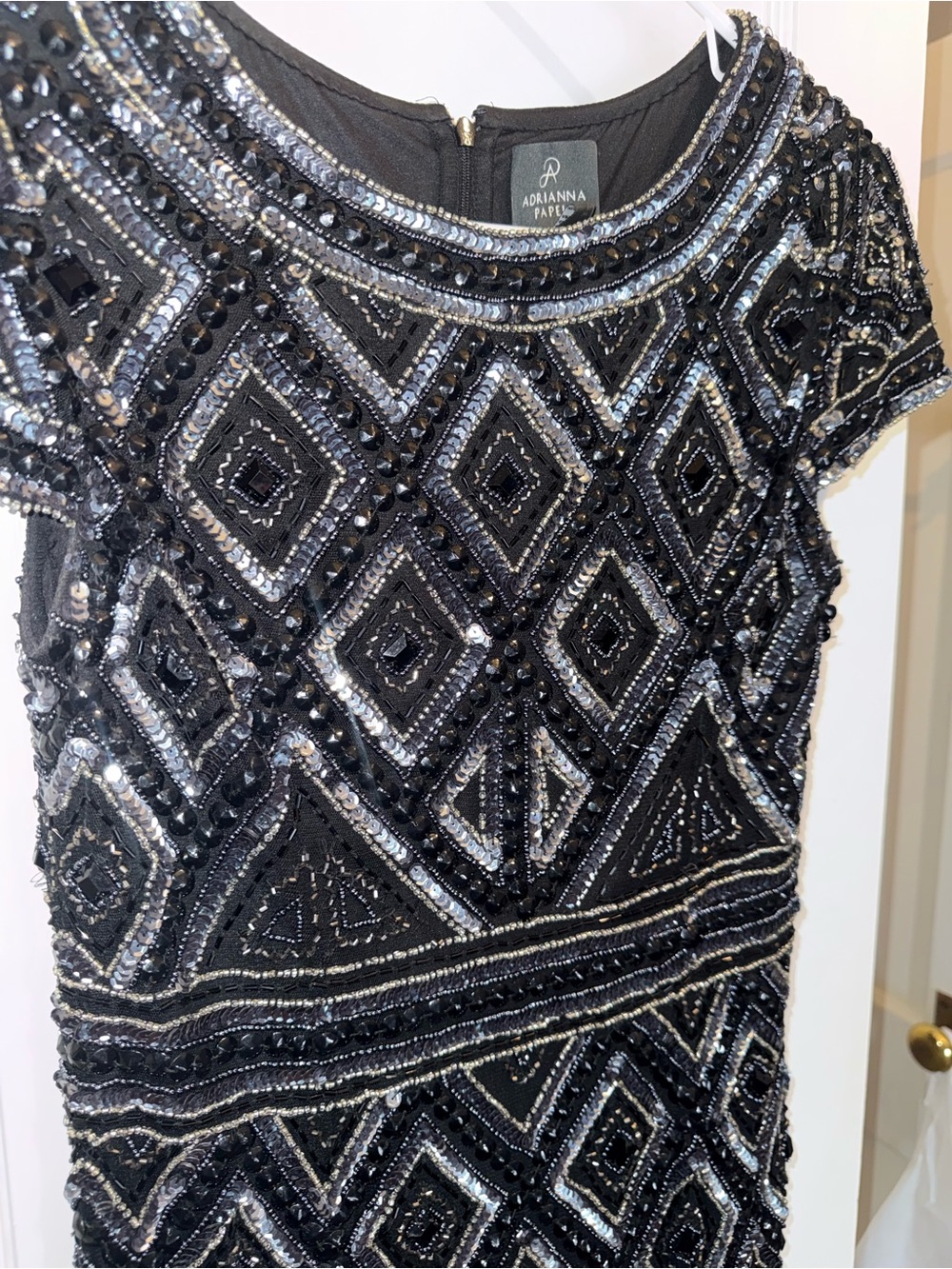 Adrianna Papell Black Beaded Short Sleeve Cocktail Dress